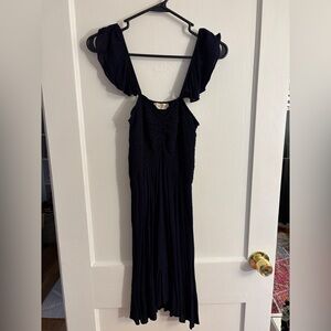 Altar’d State Shirred Bodice Flowy Navy Blue Flutter Off Shoulder Mini Dress M